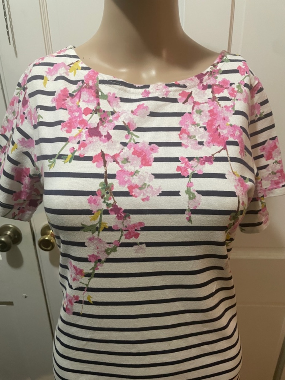 Joules Navy Stripe Dress with Pink Floral Detail